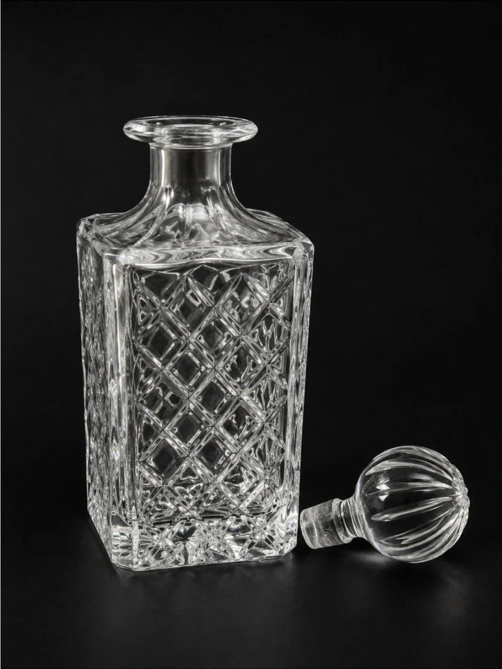 Vintage BLOCK Crystal Decanter Cut Glass Diamond Pattern ~Ball Stopper ~10”
